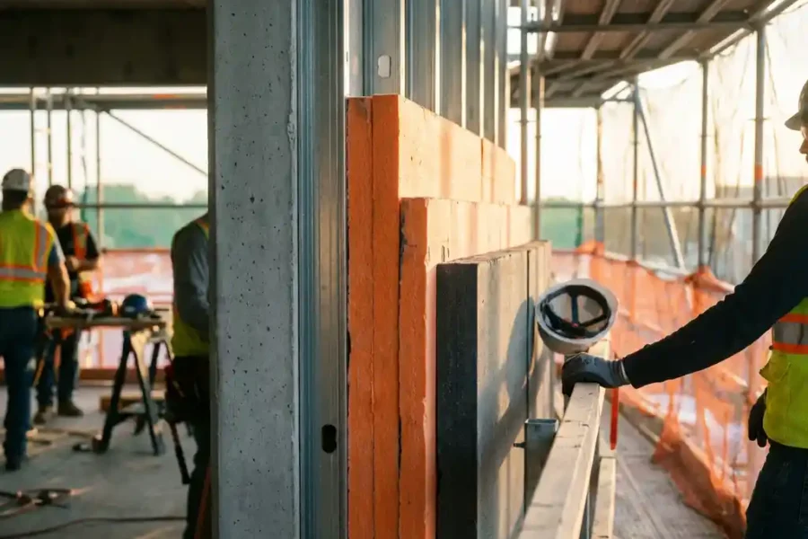 Doorsnede van moderne gebouwmuur met oranje brandwerende panelen en grijze betonstructuur op bouwplaats