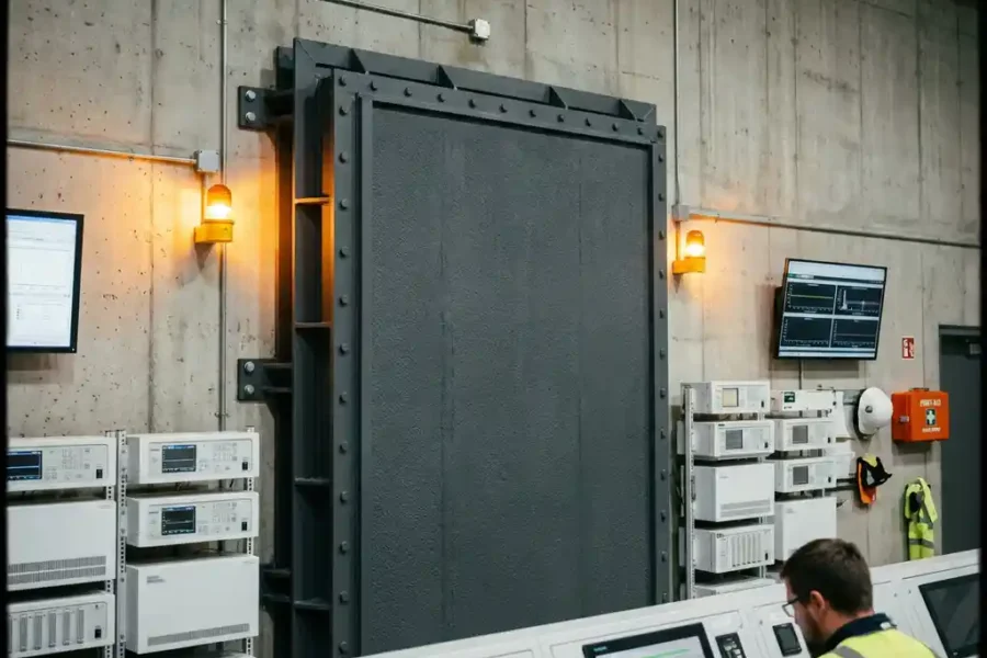 Brandwerend industrieel paneel gemonteerd op betonnen muur in nucleaire faciliteit controlekamer met stalen versterking