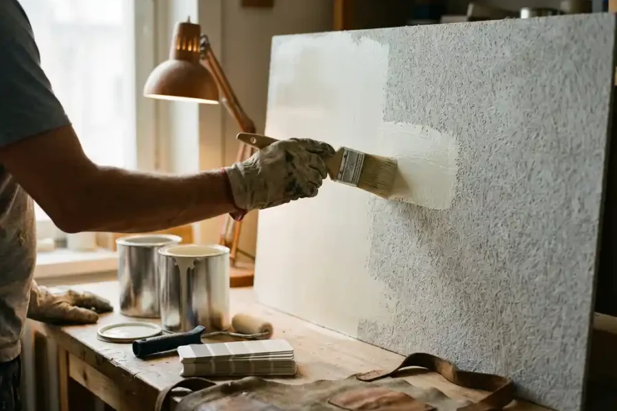 Vakman brengt witte primer aan op brandwerend wandpaneel met professionele kwast, omringd door verfblikken en stalen
