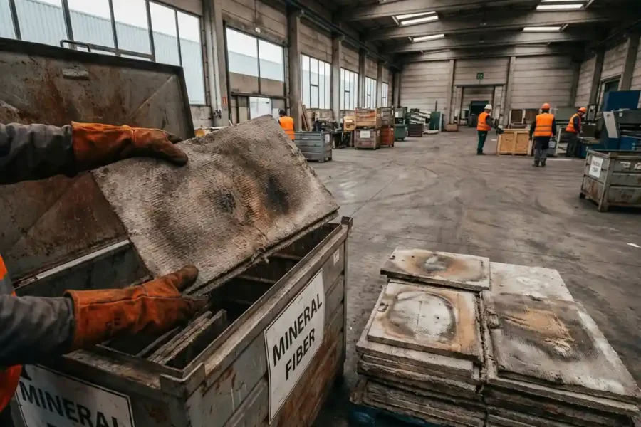 Brandwerende panelen met mineraalvezelstructuur worden door gehandschoende handen gesorteerd in recyclingcontainers