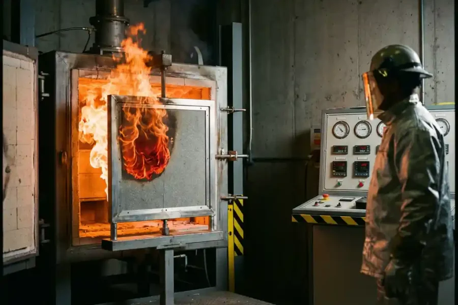 Brandwerende paneel in testoven met intense oranje vlammen aan één zijde, technicus in beschermende kleding controleert temperatuurmeters
