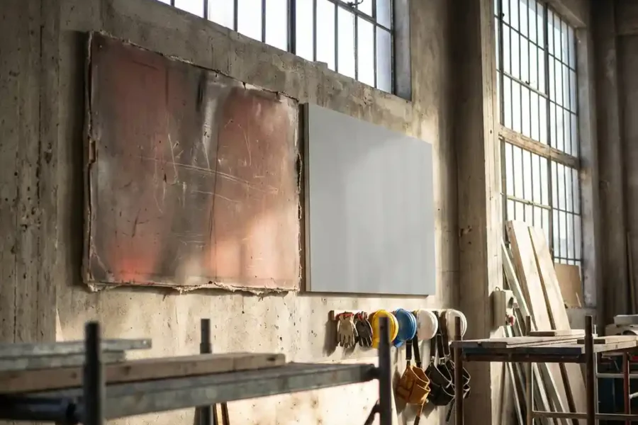 Verweerde en nieuwe brandwerende panelen op betonnen muur in professionele bouwomgeving met natuurlijk daglicht
