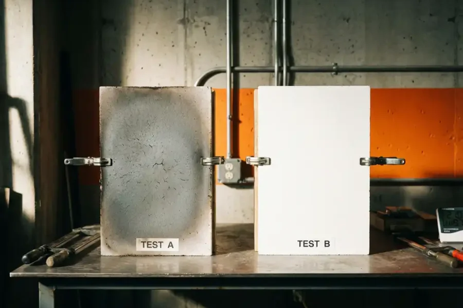 Twee brandwerende panelen op testbank in veiligheidslaboratorium, één paneel verkoolde randen, ander pristine wit
