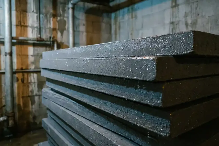 Stapel brandwerende panelen met vochtbestendige coating in vochtige industriële kelder met betonnen muren en condensdruppels