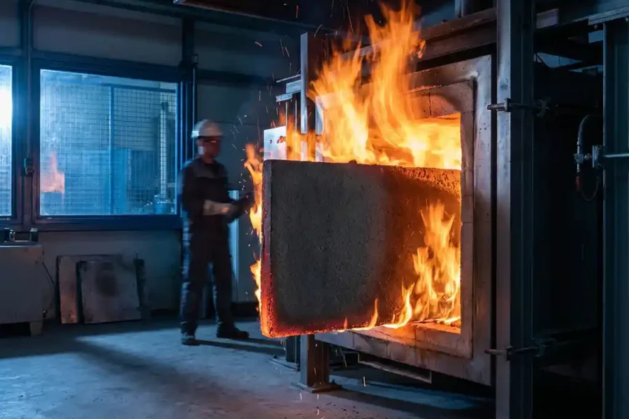 Brandwerend paneel in industriële oven met intense oranje vlammen, panel blijft structureel intact tijdens hittetest