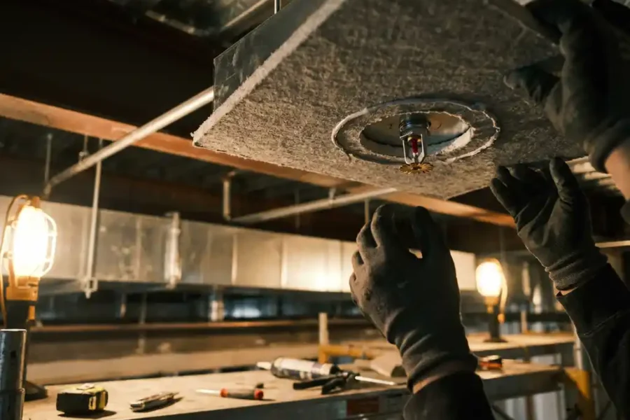 Brandwerende plafondpaneel wordt rond actieve sprinkler geplaatst door gehandschoende handen in industriële omgeving