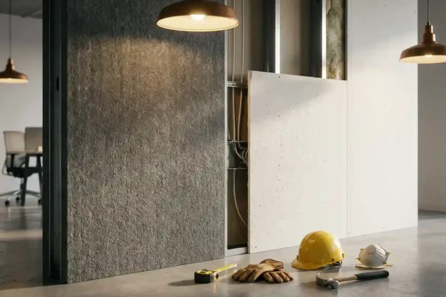Doorsnede kantoorwand toont minerale brandwerende plaat naast standaard gipsplaat met gereedschap op betonvloer