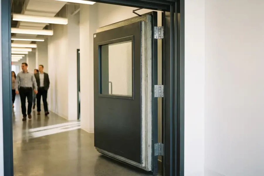 Zware stalen brandwerende deur staat half open in moderne kantoorgang, toont dikke brandwerende kern en robuuste scharnieren