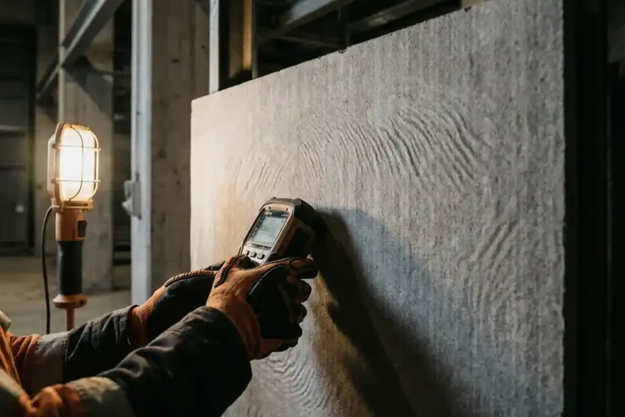 Professionele hand met handschoen houdt akoestisch meetapparaat tegen brandwerende wandpaneel met zichtbare trillingsgolven