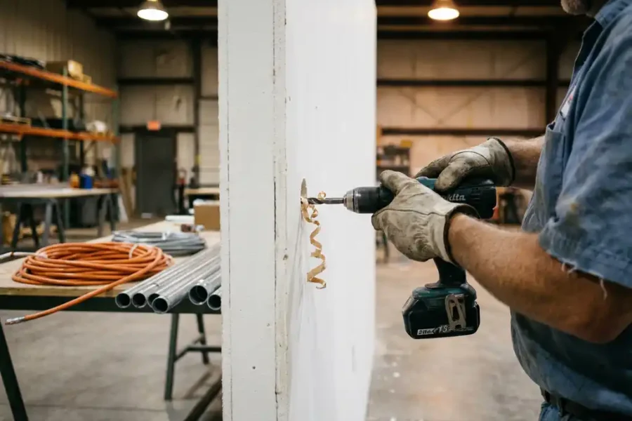 Monteur boort precisiegat door wit brandwerend wandpaneel met professionele boor, oranje kabels en metalen leidingen klaar voor installatie