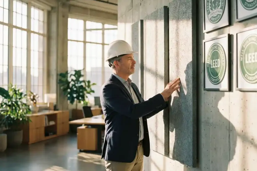 Architect onderzoekt grijze brandwerende wandpanelen in duurzaam kantoorgebouw met betonnen muren en groene certificering