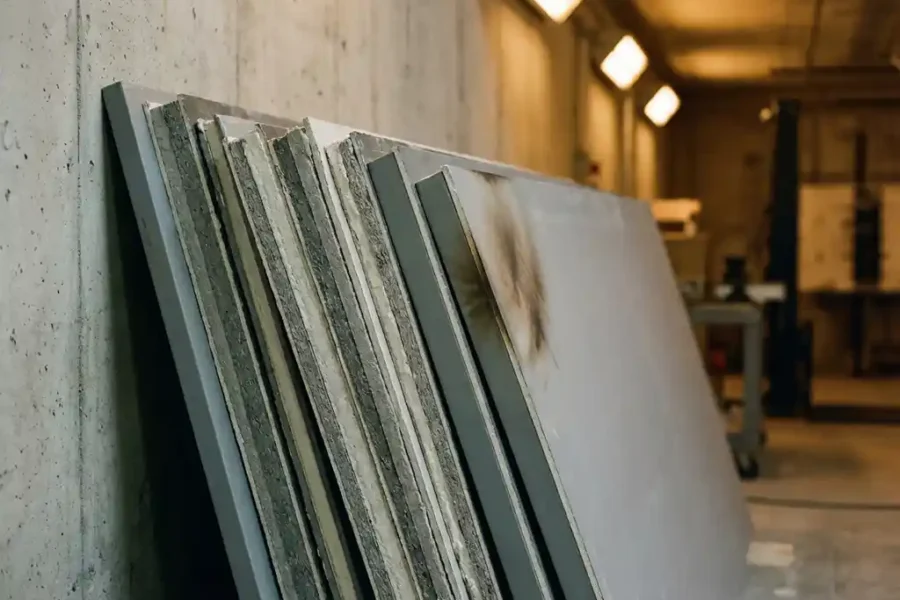 Brandwerende wandpanelen gestapeld in testfaciliteit tonen gelaagde structuur en schroeiplekken op grijze oppervlak