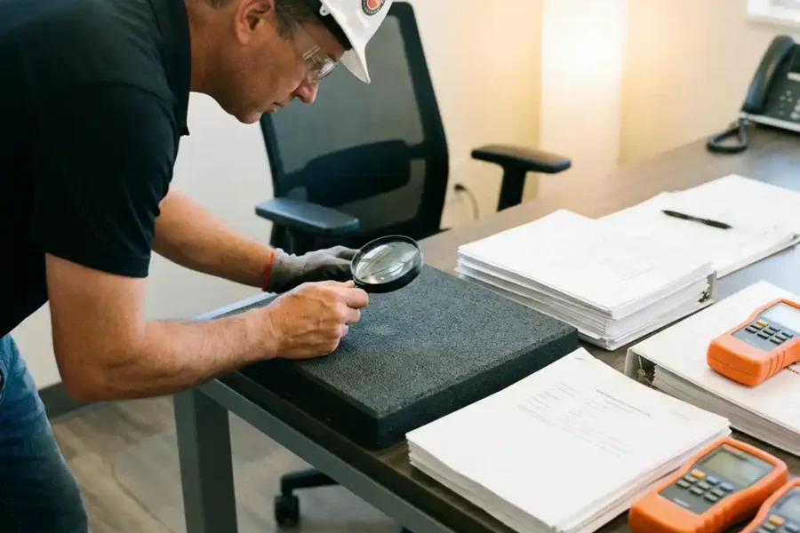 Brandwerend wandpaneel wordt onderzocht door veiligheidsinspecteur met beschermende uitrusting, certificeringsdocumenten en testapparatuur op bureau