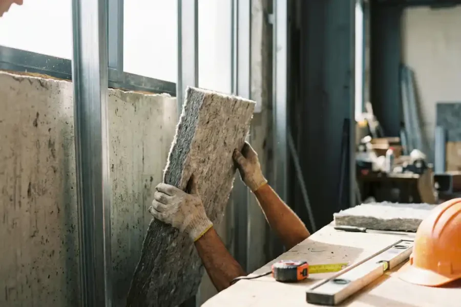 Bouwvakker plaatst brandwerende wandpaneel tegen betonnen muur met meetgereedschap en veiligheidsuitrusting op werkoppervlak