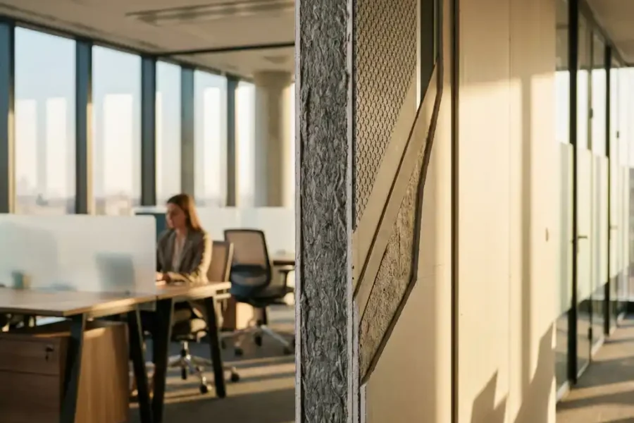 Dwarsdoorsnede van brandwerend wandpaneel met gelaagde structuur en akoestische demping in modern kantoor