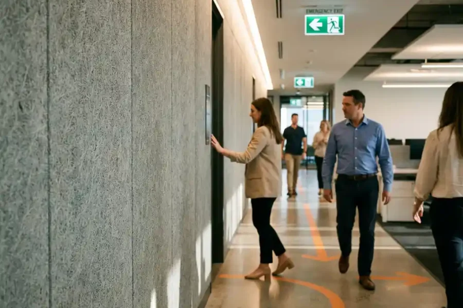 Brandwerende wandpanelen in moderne kantoorgang met looprichtingsmarkering en verlichte nooduitgangborden