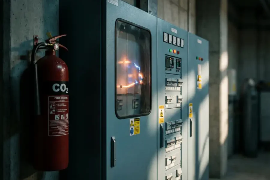 CO2 brandblusser naast elektrisch bedieningspaneel met schakelaars en veiligheidswaarschuwingen in industriële omgeving