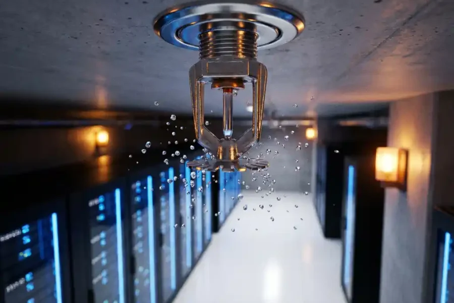 Sprinklerinstallatie activeert boven serverrekken in datacenter met blauwe LED-verlichting en waterdruppels in de lucht