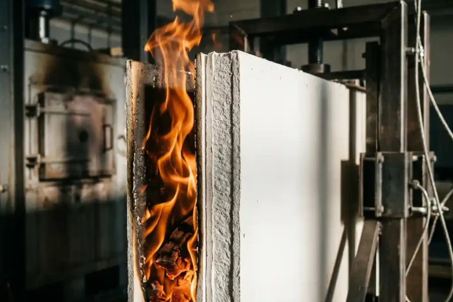 Doorsnede van witte dubbellaagse gipsplaat met oranje vlammen aan één zijde tijdens brandtest in laboratorium