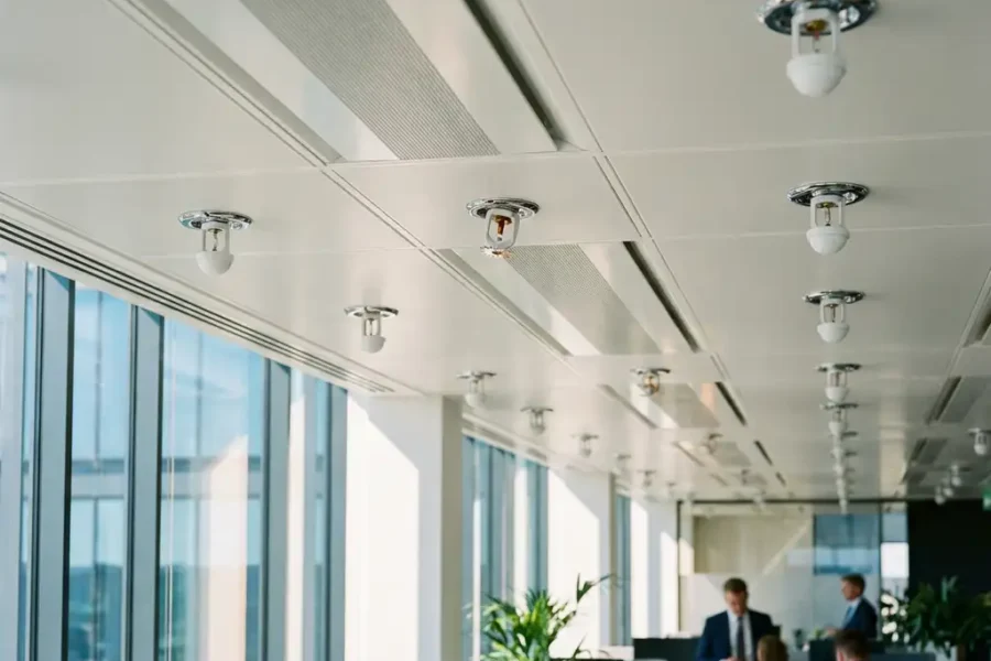 Moderne kantoorplafond met witte sprinklerkoppen in geometrische rijen, chromen armaturen reflecteren natuurlijk licht