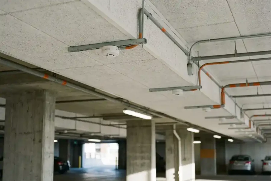 Moderne parkeergarage met witte brandwerende plafondpanelen en ronde CO-detectiesensoren tussen betonnen pilaren