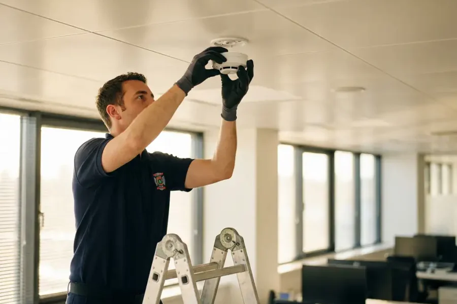 Brandveiligheidstechnicus installeert witte rookmelder aan kantoorplafond vanaf ladder in moderne werkruimte