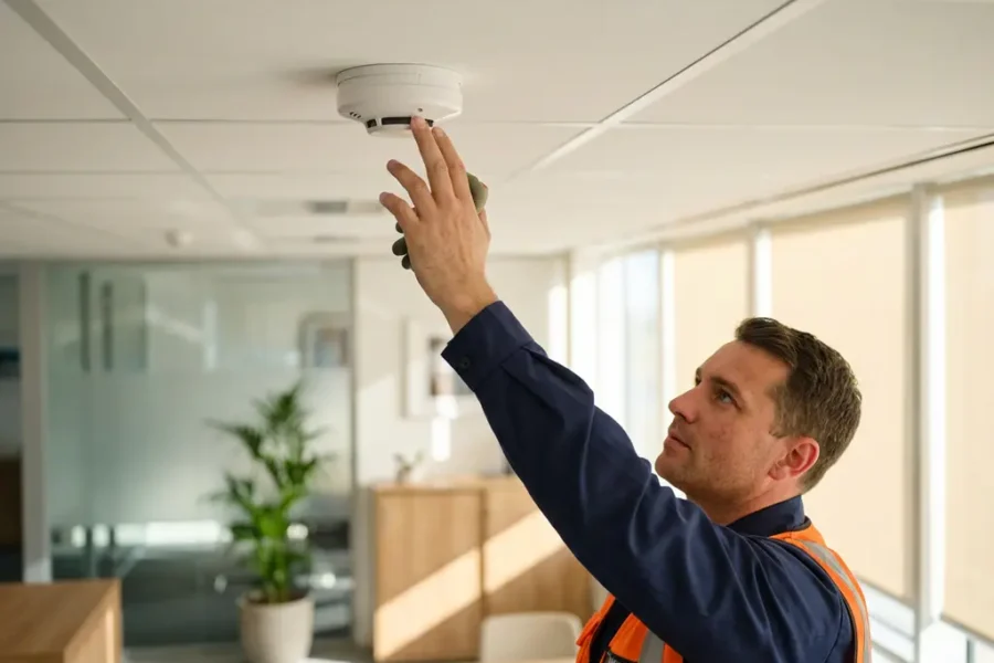Brandveiligheidstechnicus test witte rookmelder aan kantoorplafond met uitgestrekte hand