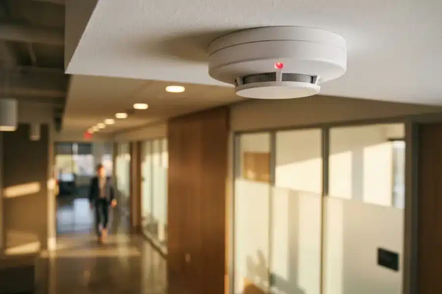 Witte rookmelder met rode LED-indicator gemonteerd aan plafond in moderne kantoorgang met natuurlijk licht