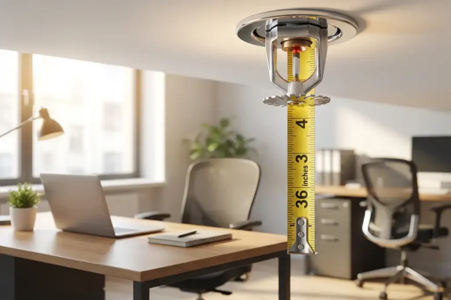 Chrome sprinklerinstallatie aan plafond met meetlint dat afstand tot bureau toont in modern kantoor