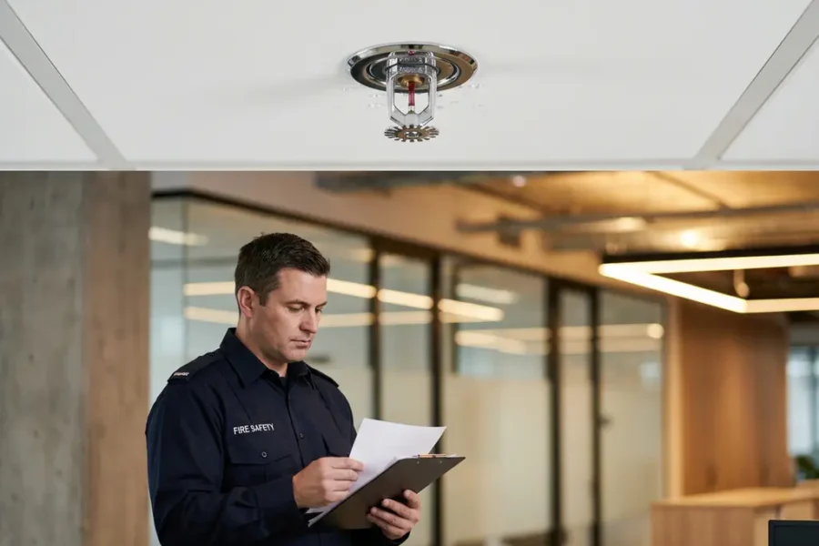 Chrome sprinkler kop op wit plafond met waterdruppels in perfecte formatie, brandveiligheidsinspecteur controleert documentatie eronder