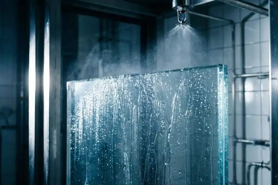 Sprinklerinstallatie test op brandwerend glas met waterdruppels en dramatische verlichting in laboratorium