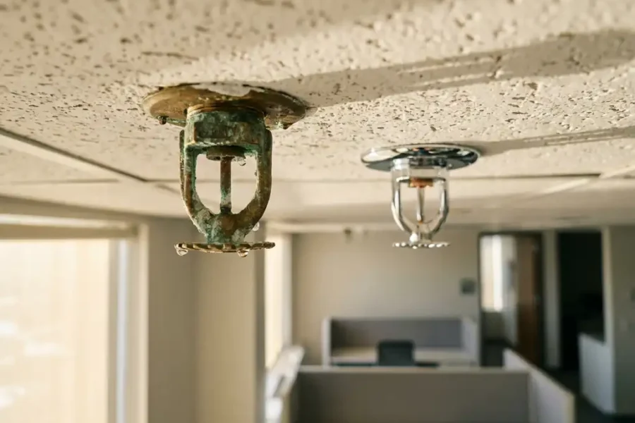 Versleten messing sprinkler met corrosie en mineraalafzettingen naast nieuwe chromen sprinkler op wit kantoorplafond