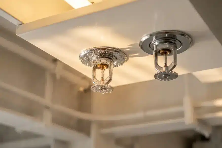 Twee sprinklerkoppen op wit industrieel plafond, één nat met waterdruppels, één droog, chromen afwerking met warme verlichting