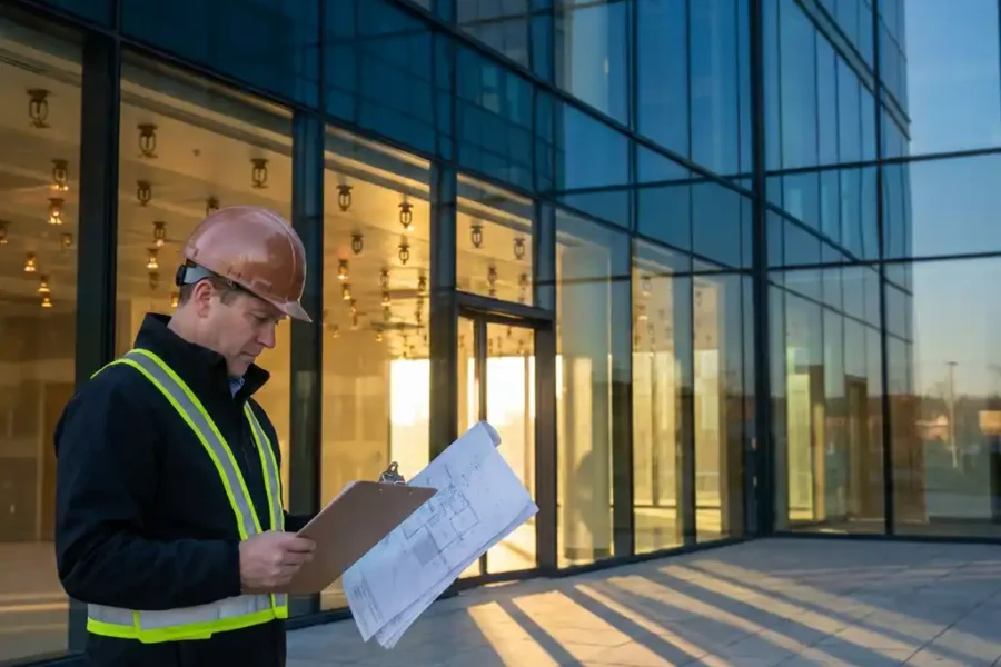 Brandveiligheidsinspecteur controleert sprinklerinstallatie documenten voor modern glazen kantoorgebouw met zichtbare plafondsproeiers