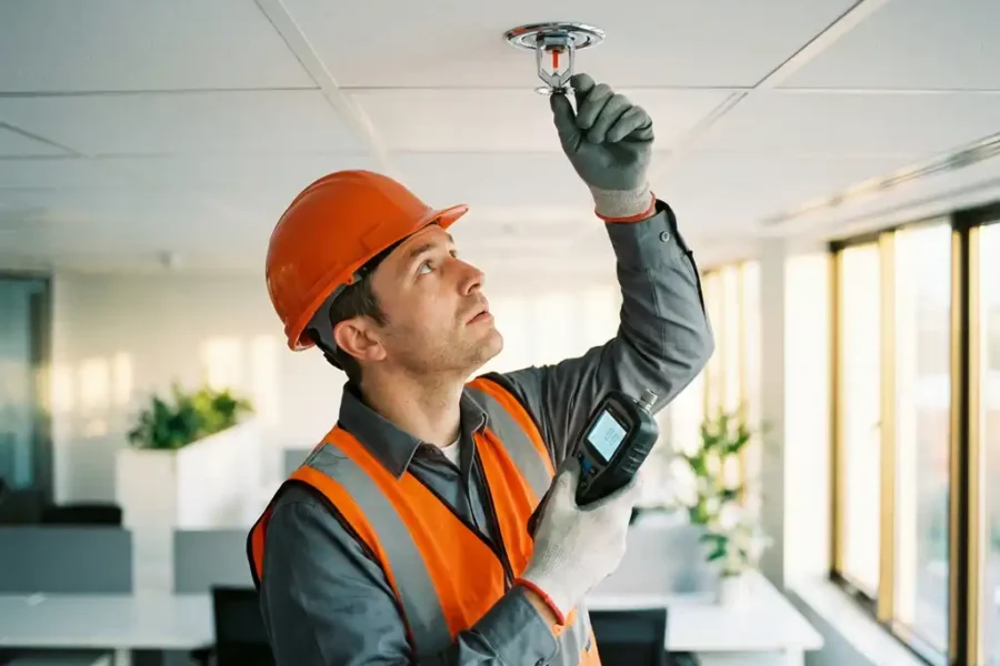 Technicus in veiligheidsuitrusting inspecteert chromen sprinklerinstallatie met digitale drukmeter in modern kantoor