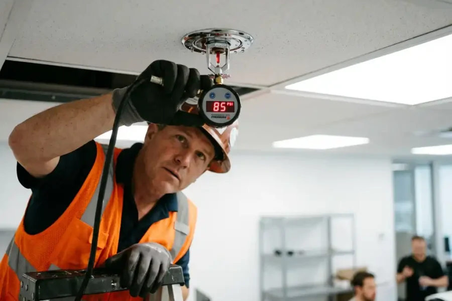Technicus in veiligheidskleding inspecteert chromen sprinklerinstallatie met digitale drukmeters in modern kantoor