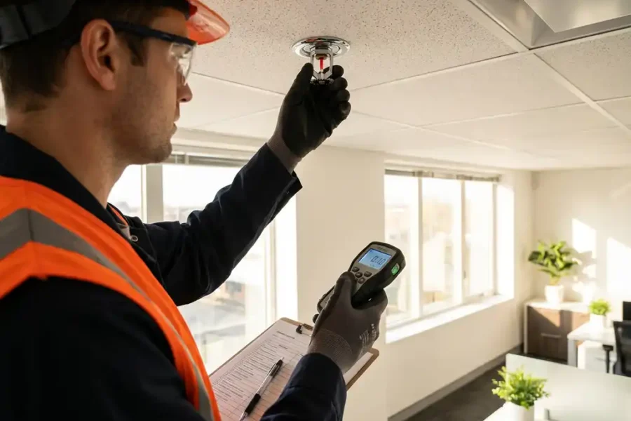 Technicus in veiligheidskledij inspecteert chromen sprinklerhoofdje aan wit plafond met digitale drukmeter in moderne kantooromgeving