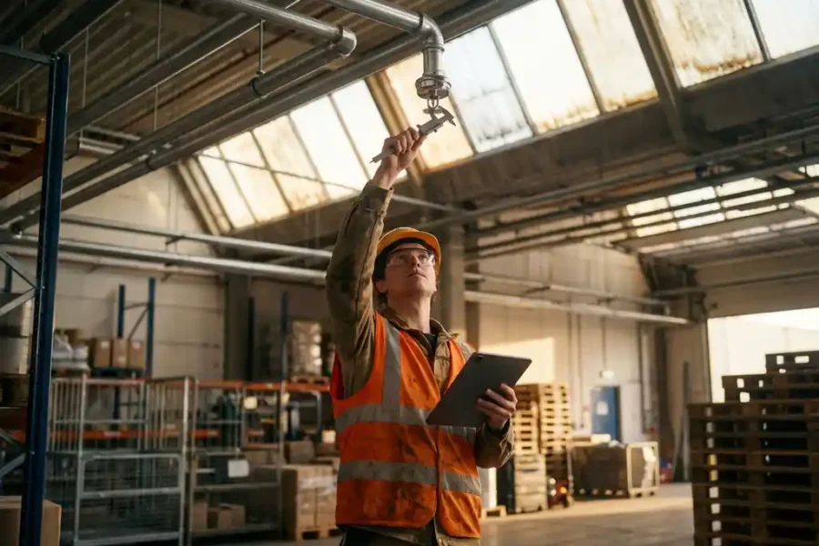 Veiligheidsinspecteur in oranje hesje controleert chromen sprinklerinstallatie in moderne industriële magazijnhal