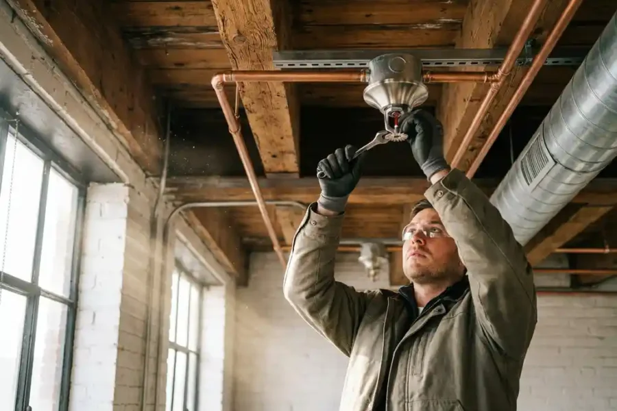 Technicus installeert sprinklerhoofdje in kantoorplafond met koperen leidingen tussen houten balken