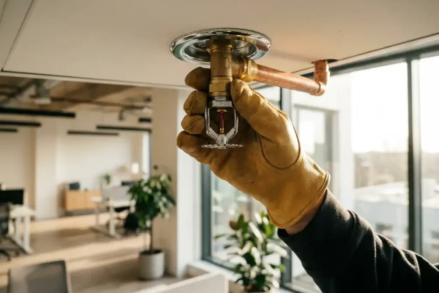 Professionele sprinklerinstallatie met koperen leidingen en messing fittingen wordt gemonteerd aan wit kantoorplafond