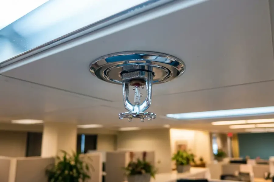 Chrome sprinklerinstallatie op wit kantoorplafond met waterdruppels aan mondstuk in moderne zakelijke omgeving