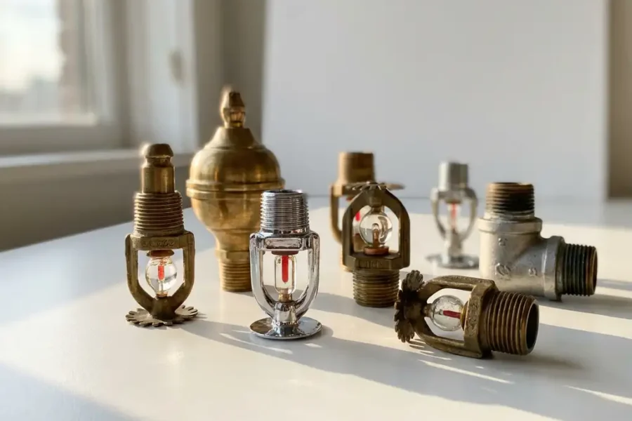 Verschillende brandsprinklerkoppen met messing en chroom afwerkingen gerangschikt op witte ondergrond