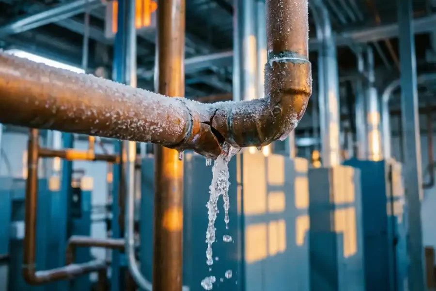 Koperen sprinklerbuizen met rijpkristallen en een gebarsten leiding met bevroren waterdruppels in een technische ruimte