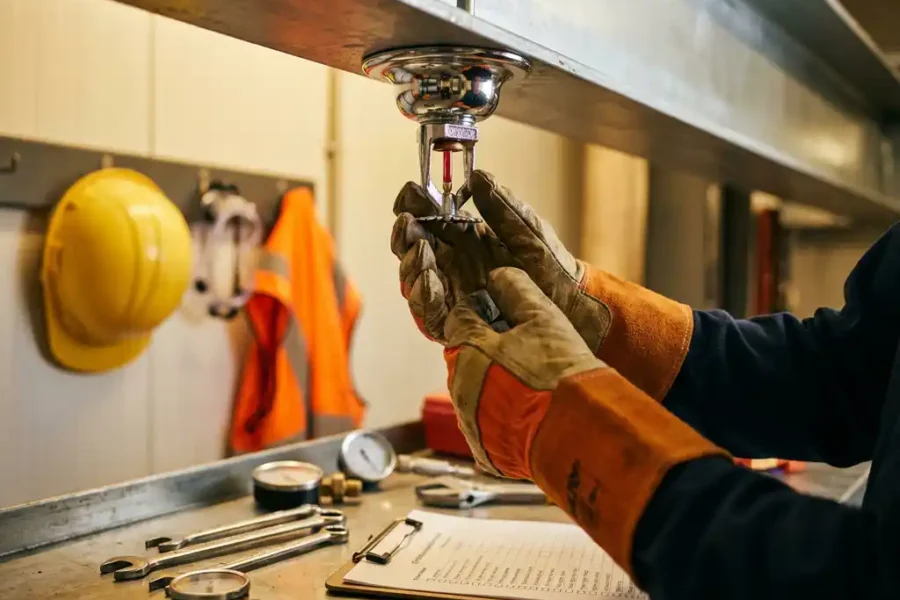 Technicus inspecteert chromen sprinklerinstallatie aan industrieel plafond met gereedschap en checklist op werkoppervlak