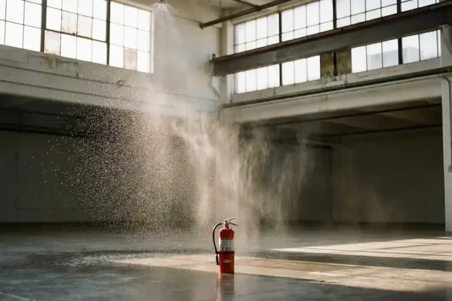 Chrome sprinklerinstallatie activeert boven rode brandblusser in industriële magazijnruimte met stalen balken