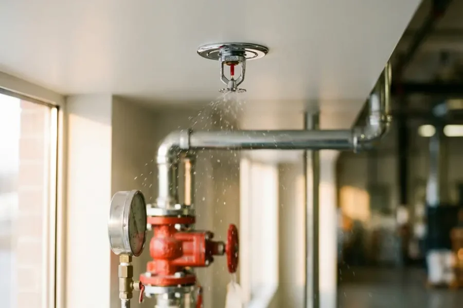 Professionele sprinkler aan wit plafond sproeit waterdruppels met chromen leidingen en rode klep op achtergrond
