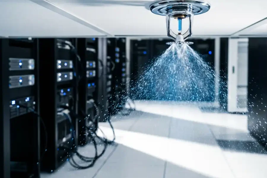Chrome sprinklerinstallatie verstuift waterdruppels in datacenter met serverrekken en LED-verlichting