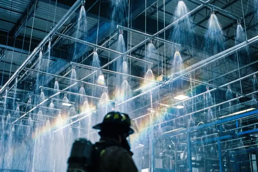 Massaal sprinklersysteem met honderden chromen sproeikoppen aan industrieel magazijnplafond tijdens noodtest, water stroomt in krachtige stralen naar beneden