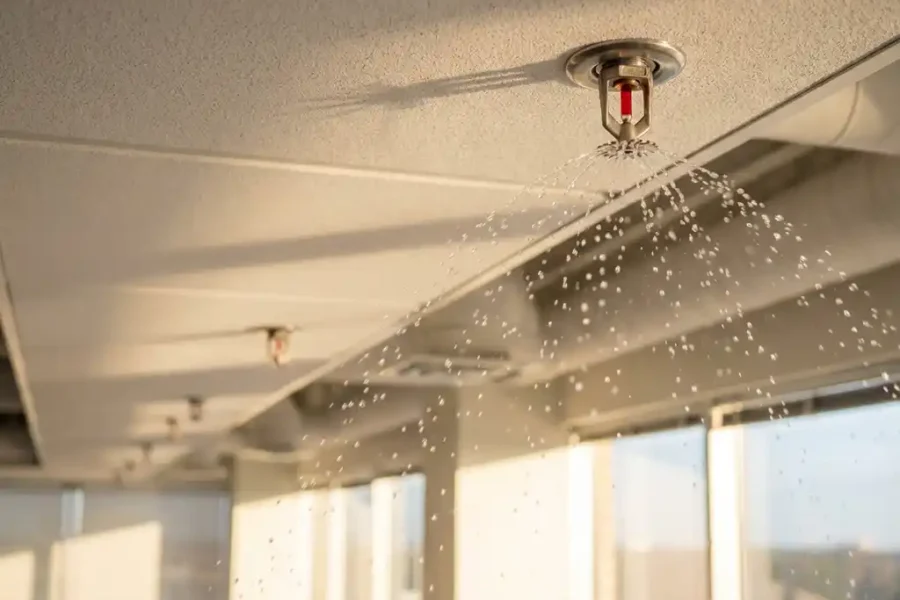 Brandsprinkler op wit kantoorplafond spuit water terwijl andere sprinklers inactief blijven in moderne bedrijfsruimte