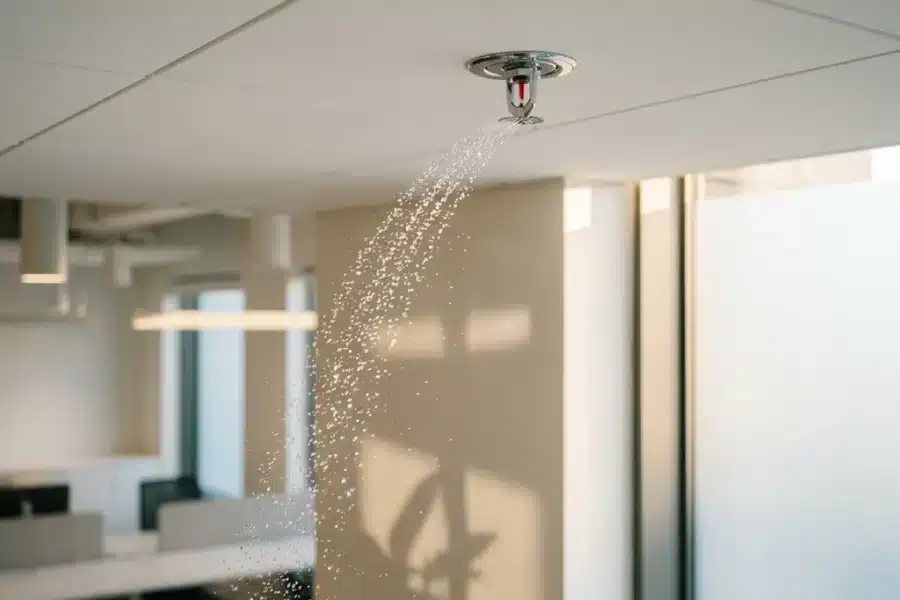 Professionele sprinklerinstallatie spuit water in boog vanaf wit kantoorplafond met regenboogreflecties